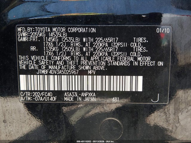 Продаж на аукціоні авто 2010 Toyota Rav4, vin: JTMBF4DV3A5025967, номер лоту: 45110202