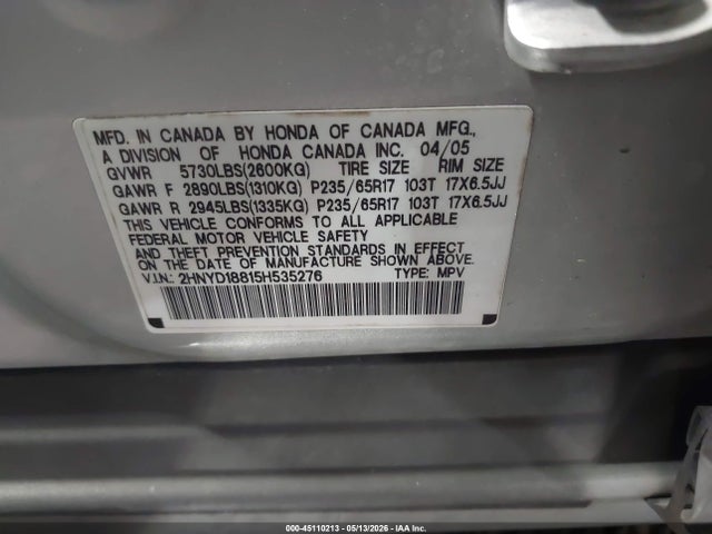 Aukcja sprzedaży 2005 Acura Mdx, vin: 2HNYD18815H535276, numer aukcji: 45110213
