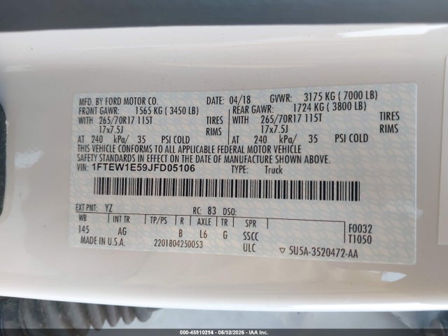 Aukcja sprzedaży 2018 Ford F-150 Xl, vin: 1FTEW1E59JFD05106, numer aukcji: 45110214