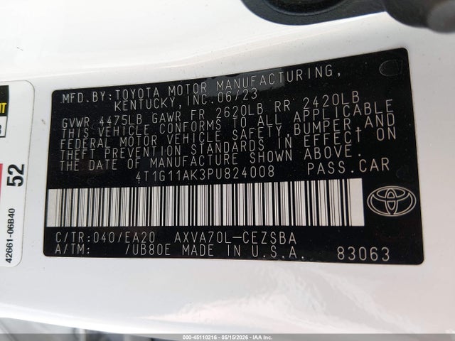 Aukcja sprzedaży 2023 Toyota Camry Se, vin: 4T1G11AK3PU824008, numer aukcji: 45110216