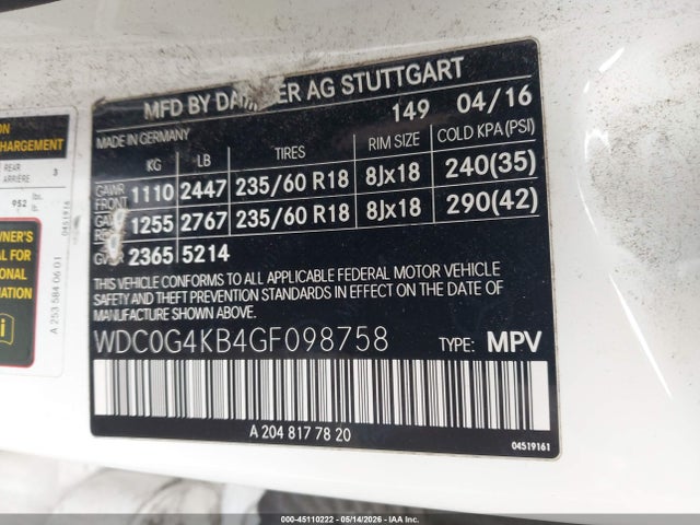 45110222 :رقم المزاد ، WDC0G4KB4GF098758 vin ، 2016 Mercedes-benz Glc 300 4matic مزاد بيع