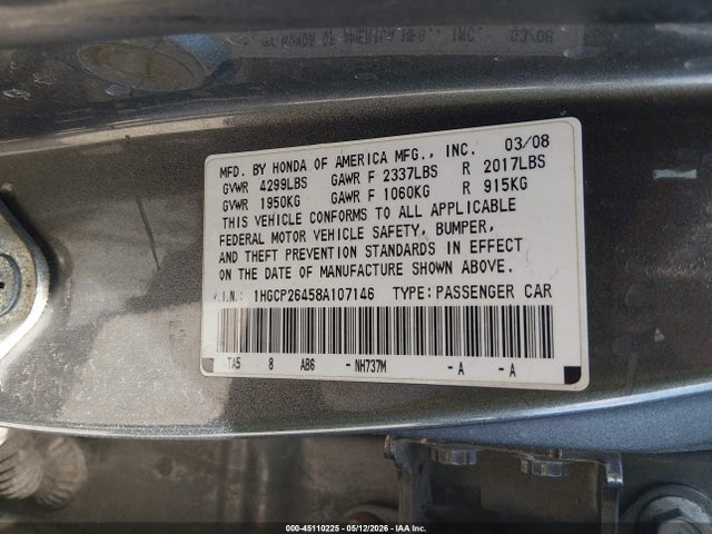 45110225 :رقم المزاد ، 1HGCP26458A107146 vin ، 2008 Honda Accord 2.4 Lx-p مزاد بيع