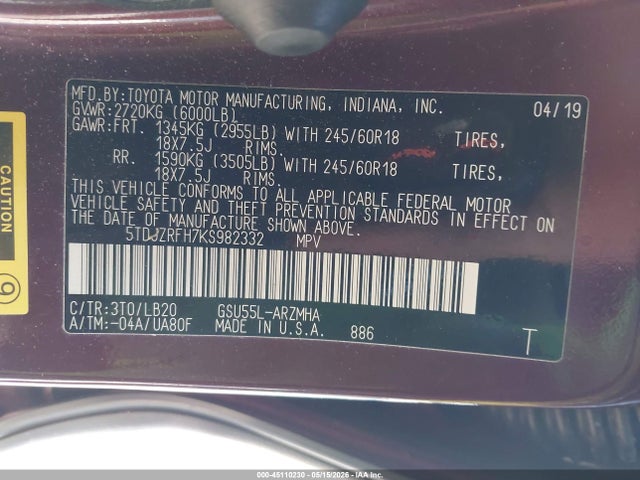 Продажа на аукционе авто 2019 Toyota Highlander Xle, vin: 5TDJZRFH7KS982332, номер лота: 45110230