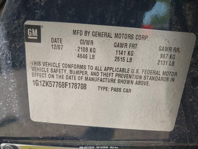 Aukcja sprzedaży 2008 Chevrolet Malibu Ltz, vin: 1G1ZK57768F178708, numer aukcji: 45110235