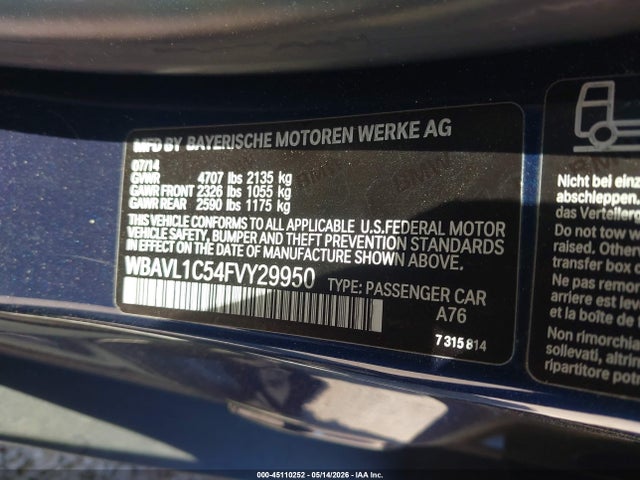 2015 Bmw X1 Xdrive28i მანქანა იყიდება აუქციონზე, vin: WBAVL1C54FVY29950, აუქციონის ნომერი: 45110252
