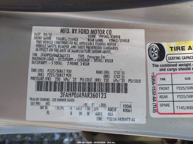 Aukcja sprzedaży 2010 Ford Fusion Sel, vin: 3FAHP0JA9AR360123, numer aukcji: 45110255
