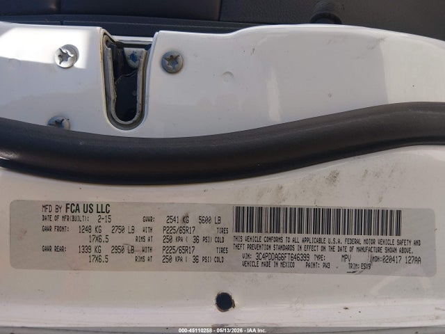 2015 Dodge Journey Se მანქანა იყიდება აუქციონზე, vin: 3C4PDDAG6FT646399, აუქციონის ნომერი: 45110258