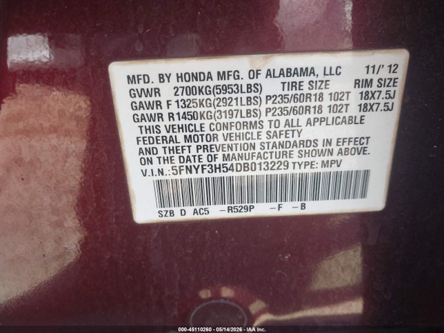 45110260 :رقم المزاد ، 5FNYF3H54DB013229 vin ، 2013 Honda Pilot Ex-l مزاد بيع