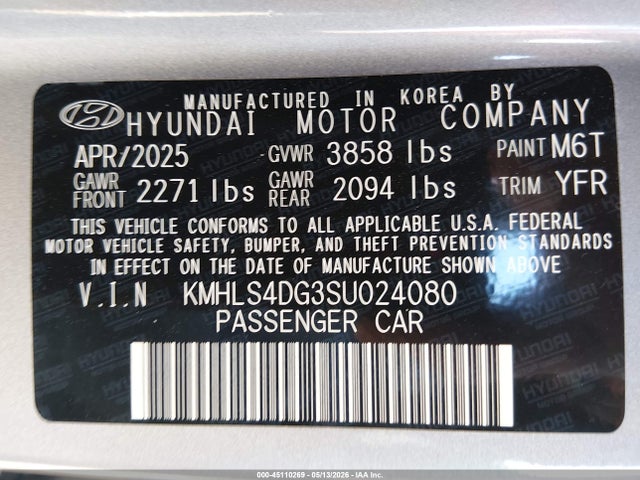 Aukcja sprzedaży 2025 Hyundai Elantra Sel Convenience, vin: KMHLS4DG3SU024080, numer aukcji: 45110269