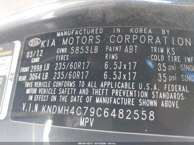 Aukcja sprzedaży 2012 Kia Sedona Ex, vin: KNDMH4C79C6482558, numer aukcji: 45110274