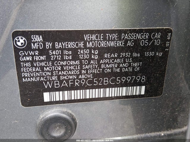 Продаж на аукціоні авто 2011 Bmw 550i, vin: WBAFR9C52BC599798, номер лоту: 45110277