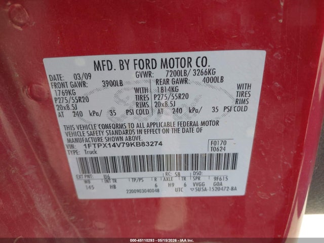 Aukcja sprzedaży 2009 Ford F-150 Lariat, vin: 1FTPX14V79KB83274, numer aukcji: 45110293
