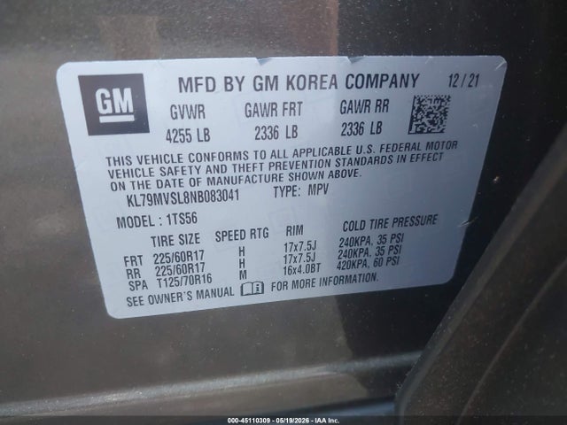 Продажа на аукционе авто 2022 Chevrolet Trailblazer Fwd Activ, vin: KL79MVSL8NB083041, номер лота: 45110309