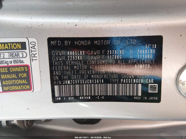 Продаж на аукціоні авто 2018 Honda Clarity Plug-in Hybrid Touring, vin: JHMZC5F35JC013614, номер лоту: 45110311