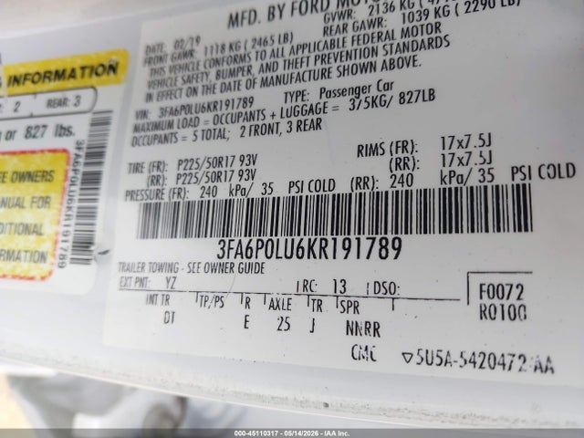 Aukcja sprzedaży 2019 Ford Fusion Hybrid Se, vin: 3FA6P0LU6KR191789, numer aukcji: 45110317