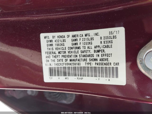 Aukcja sprzedaży 2017 Honda Accord Ex-l, vin: 1HGCR2F86HA238180, numer aukcji: 45110324