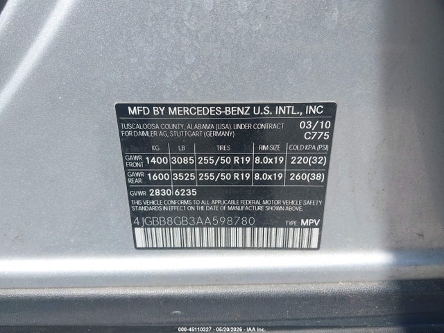 45110327 :رقم المزاد ، 4JGBB8GB3AA598780 vin ، 2010 Mercedes-benz Ml 350 4matic مزاد بيع