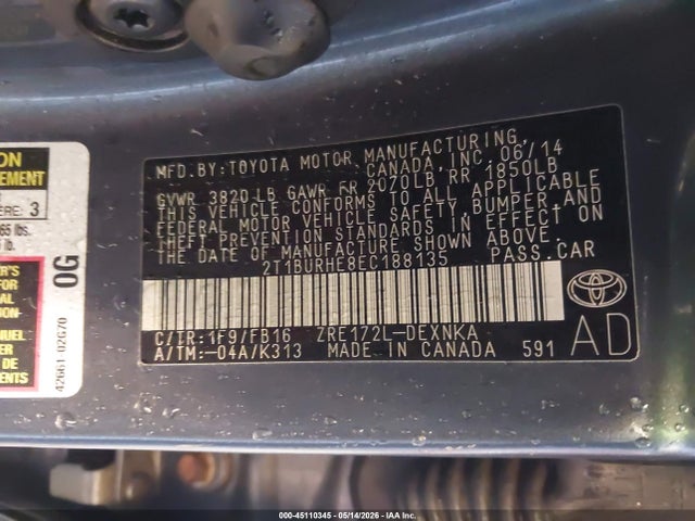 Aukcja sprzedaży 2014 Toyota Corolla Le, vin: 2T1BURHE8EC188135, numer aukcji: 45110345
