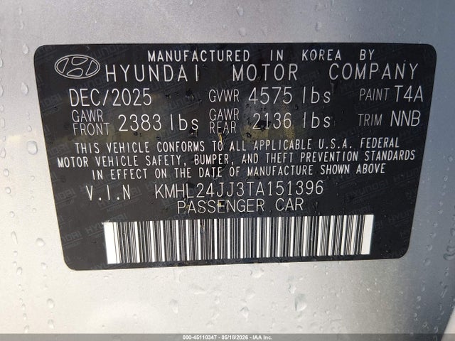 Auction sale of the 2026 Hyundai Sonata Hybrid Blue, vin: KMHL24JJ3TA151396, lot number: 45110347