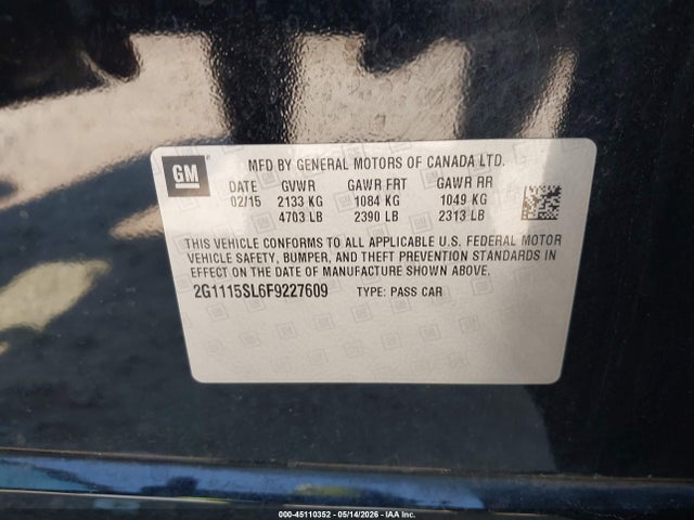 45110352 :رقم المزاد ، 2G1115SL6F9227609 vin ، 2015 Chevrolet Impala 1lt مزاد بيع