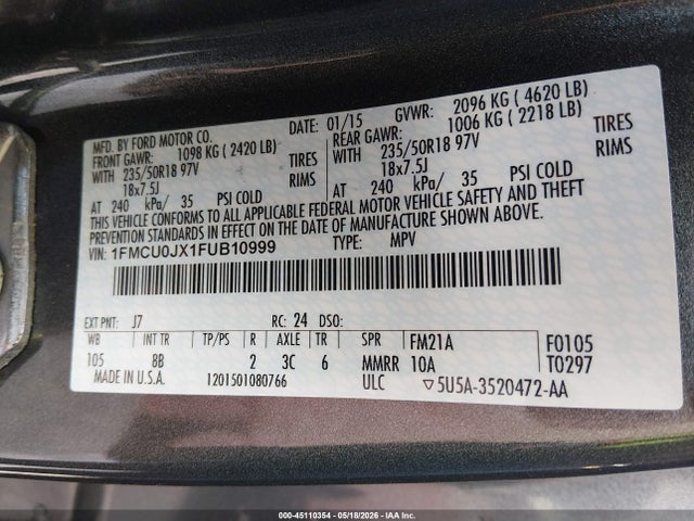 Aukcja sprzedaży 2015 Ford Escape Titanium, vin: 1FMCU0JX1FUB10999, numer aukcji: 45110354