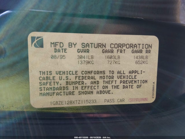1996 Saturn Sc1 მანქანა იყიდება აუქციონზე, vin: 1G8ZE128XTZ115233, აუქციონის ნომერი: 45110355