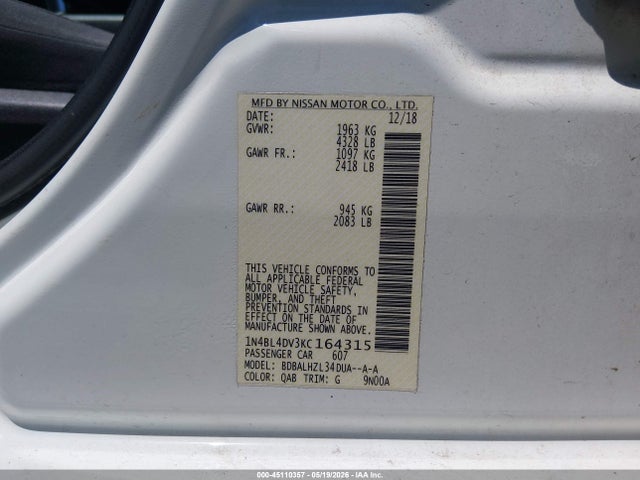 45110357 :رقم المزاد ، 1N4BL4DV3KC164315 vin ، 2019 Nissan Altima 2.5 Sv مزاد بيع