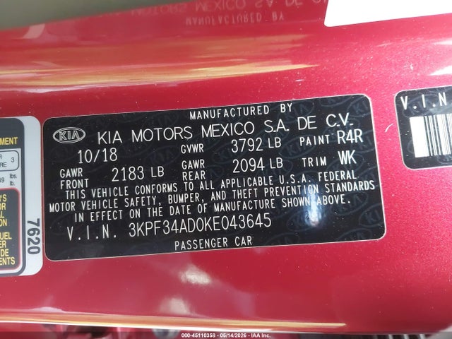 45110358 :رقم المزاد ، 3KPF34AD0KE043645 vin ، 2019 Kia Forte S مزاد بيع