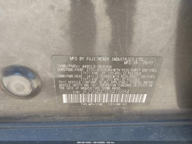45110361 :رقم المزاد ، JF2SHADC1CH416884 vin ، 2012 Subaru Forester 2.5x Premium مزاد بيع