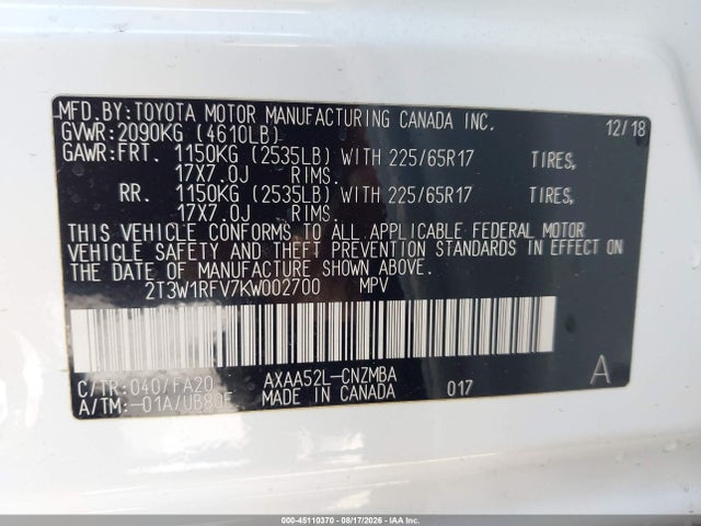 2T3W1RFV7KW002700 Toyota Rav4 Xle