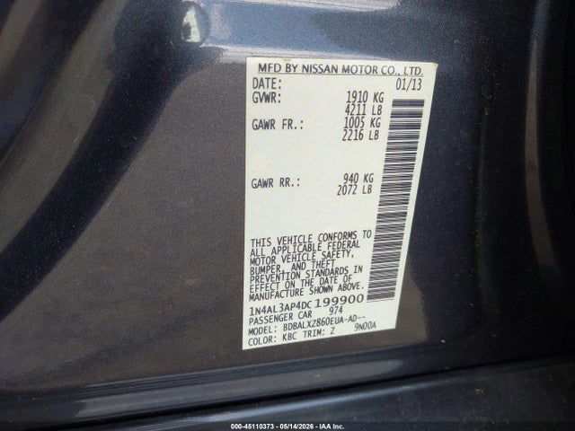 Aukcja sprzedaży 2013 Nissan Altima 2.5 Sl, vin: 1N4AL3AP4DC199900, numer aukcji: 45110373