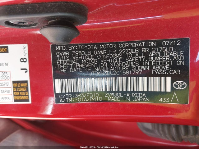 2012 Toyota Prius Two მანქანა იყიდება აუქციონზე, vin: JTDKN3DU2C1581797, აუქციონის ნომერი: 45110376