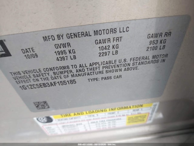 Aukcja sprzedaży 2010 Chevrolet Malibu Lt, vin: 1G1ZC5EB3AF155185, numer aukcji: 45110385