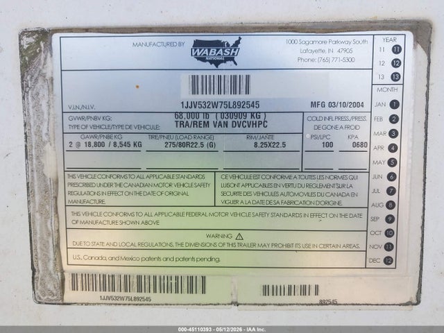 Продажа на аукционе авто 2005 Wabash National Corp Wabash National Corp, vin: 1JJV532W75L892545, номер лота: 45110393