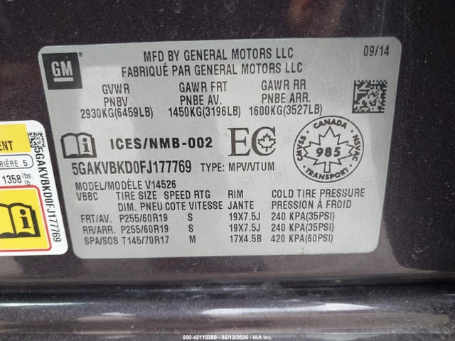 Aukcja sprzedaży 2015 Buick Enclave Leather, vin: 5GAKVBKD0FJ177769, numer aukcji: 45110399