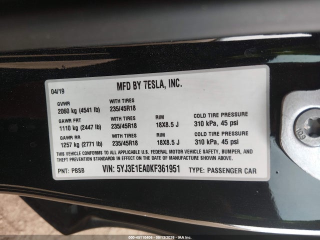 2019 Tesla Model 3 მანქანა იყიდება აუქციონზე, vin: 5YJ3E1EA0KF361951, აუქციონის ნომერი: 45110406