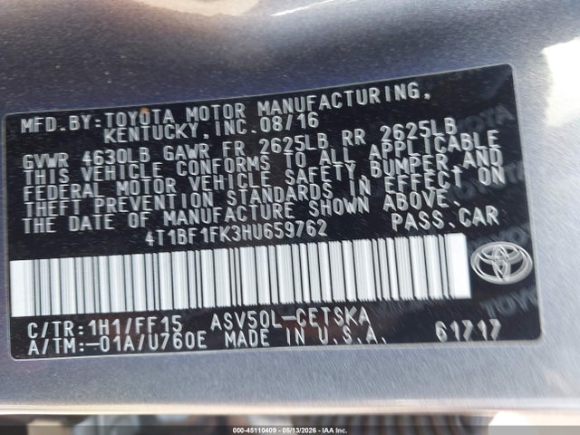 Aukcja sprzedaży 2017 Toyota Camry Se, vin: 4T1BF1FK3HU659762, numer aukcji: 45110409