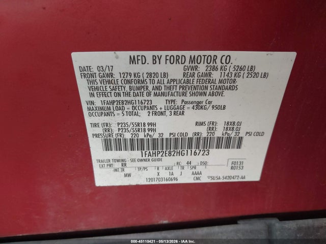 45110421 :رقم المزاد ، 1FAHP2E82HG116723 vin ، 2017 Ford Taurus Sel مزاد بيع