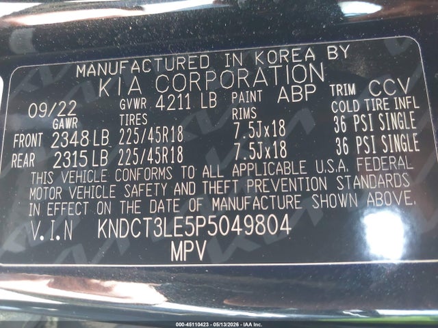 2023 Kia Niro Sx Touring მანქანა იყიდება აუქციონზე, vin: KNDCT3LE5P5049804, აუქციონის ნომერი: 45110423