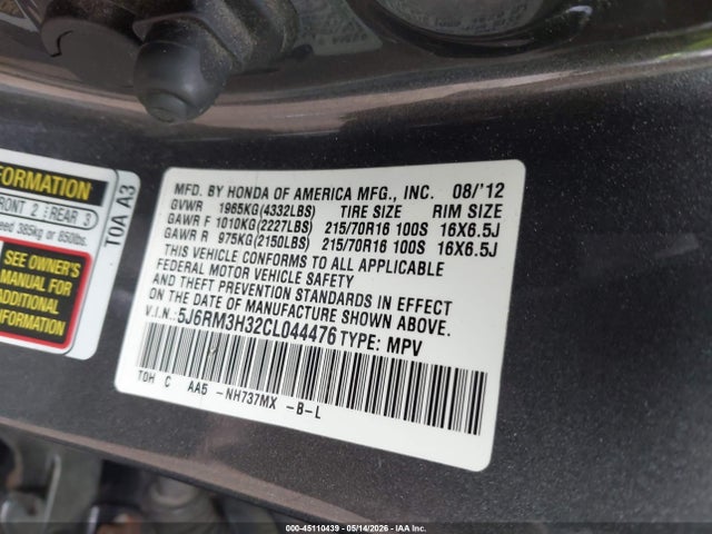 45110439 :رقم المزاد ، 5J6RM3H32CL044476 vin ، 2012 Honda Cr-v Lx مزاد بيع