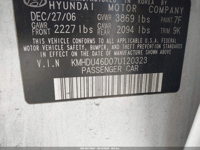 2007 Hyundai Elantra Gls/limited/se მანქანა იყიდება აუქციონზე, vin: KMHDU46D07U120323, აუქციონის ნომერი: 45110447
