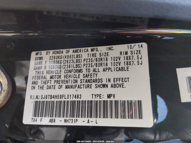 45110452 :رقم المزاد ، 5J8TB4H59FL017483 vin ، 2015 Acura Rdx مزاد بيع
