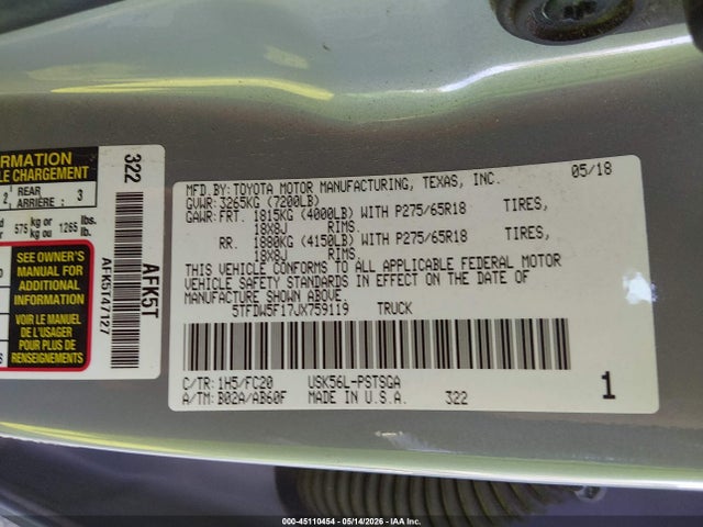 Aukcja sprzedaży 2018 Toyota Tundra Sr5 5.7l V8, vin: 5TFDW5F17JX759119, numer aukcji: 45110454