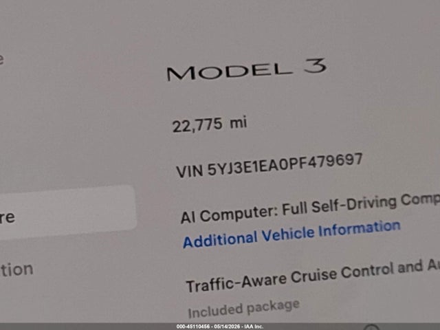 Aukcja sprzedaży 2023 Tesla Model 3 Rear-wheel Drive, vin: 5YJ3E1EA0PF479697, numer aukcji: 45110456