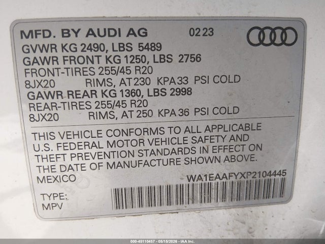 45110457 :رقم المزاد ، WA1EAAFYXP2104445 vin ، 2023 Audi Q5 Premium Plus 45 Tfsi S Line Quattro مزاد بيع