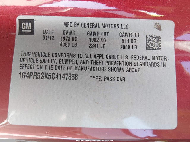 Продажа на аукционе авто 2012 Buick Verano Convenience Group, vin: 1G4PR5SK5C4147858, номер лота: 45110464