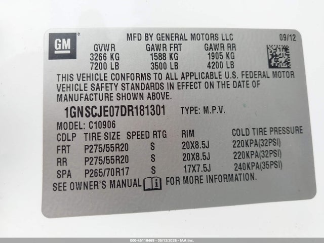 2013 Chevrolet Suburban 1500 Lt მანქანა იყიდება აუქციონზე, vin: 1GNSCJE07DR181301, აუქციონის ნომერი: 45110469