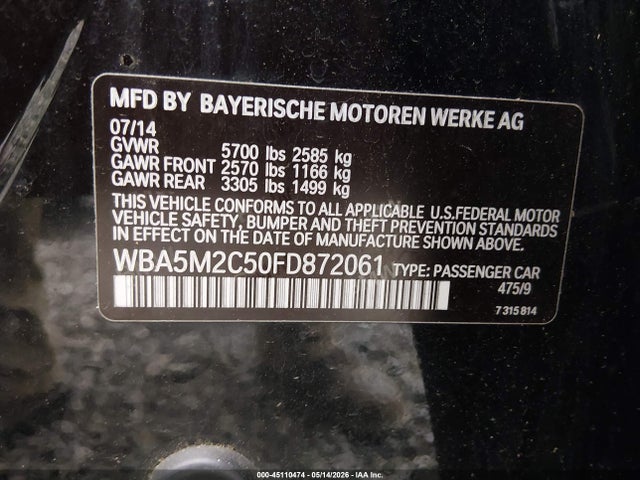 Aukcja sprzedaży 2015 Bmw 535i Gran Turismo, vin: WBA5M2C50FD872061, numer aukcji: 45110474