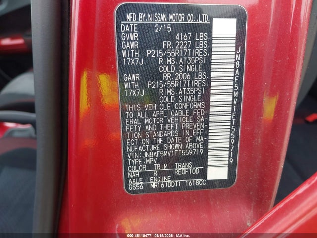 45110477 :رقم المزاد ، JN8AF5MV1FT559719 vin ، 2015 Nissan Juke Sv مزاد بيع