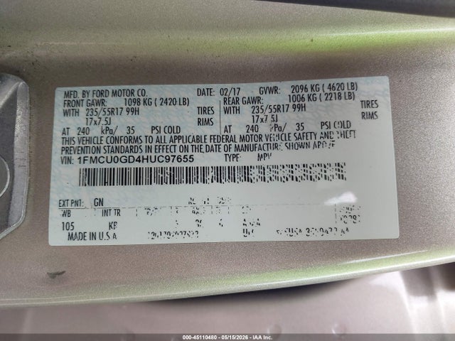 Продажа на аукционе авто 2017 Ford Escape Se, vin: 1FMCU0GD4HUC97655, номер лота: 45110480